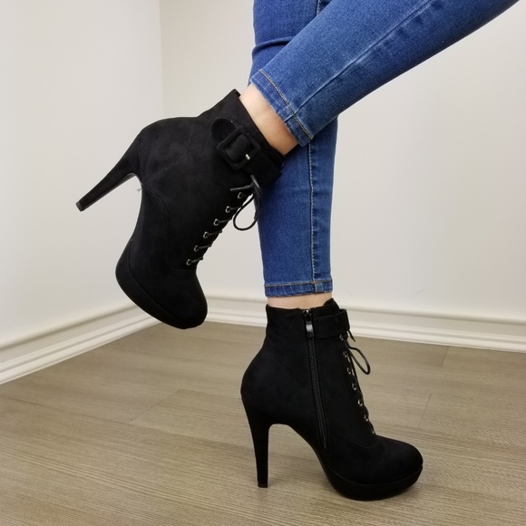 Black Faux Suede Heel Lace-Up Ankle Booties - Picture 5 of 8